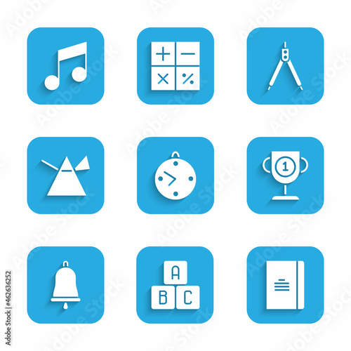 Set Clock, ABC blocks, Spiral notebook, Award cup, Ringing bell, Light rays prism, Drawing compass and Music note, tone icon. Vector