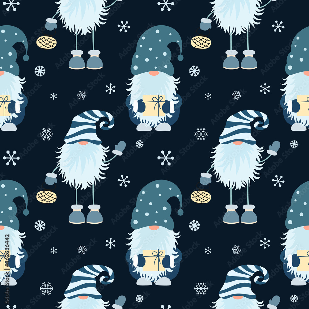 Christmas seamless pattern with scandinavian gnome and snowflakes.