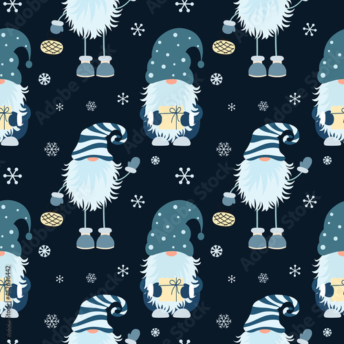 Christmas seamless pattern with scandinavian gnome and snowflakes.