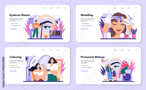 Eyebrow master web banner or landing page set. Master making perfect eyebrows