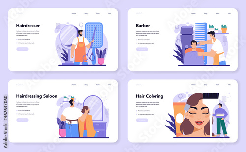 Hairstylist web banner or landing page set. Idea of hairdressing in salon