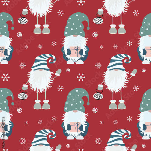 Christmas seamless pattern with scandinavian gnome and snowflakes.