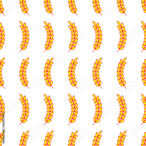 Background and pattern with red yellow ears of wheat, barley or rye. Vector seamless repeating editable template on white background. 