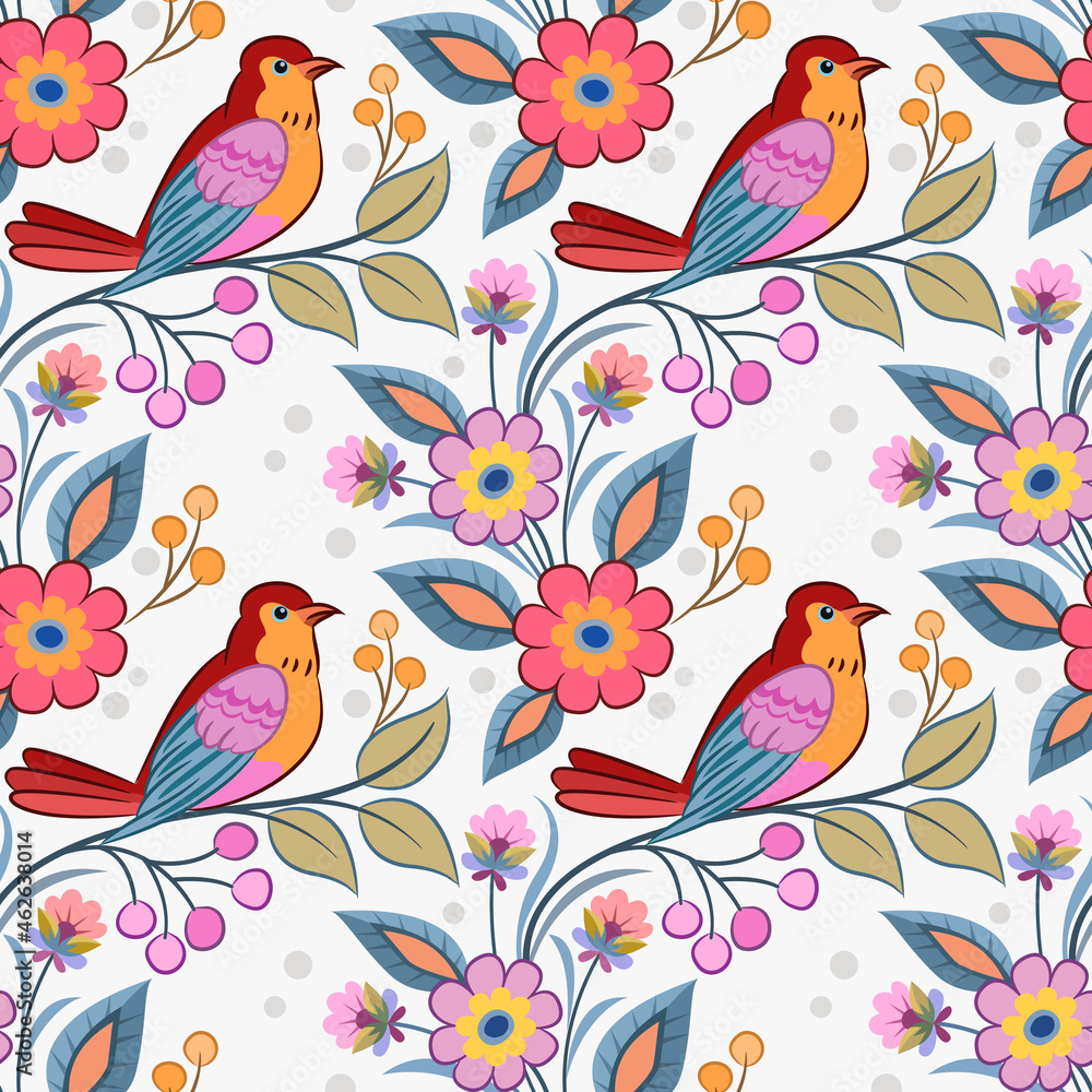 Cute red bird on branch with flowers seamless pattern.