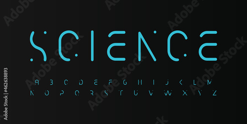 Science font melt alphabet smooth letters. Modern science logo typography. Futuristic display typographic design. Abstract crop letter set for scifi, gui, hud. Isolated vector typeset