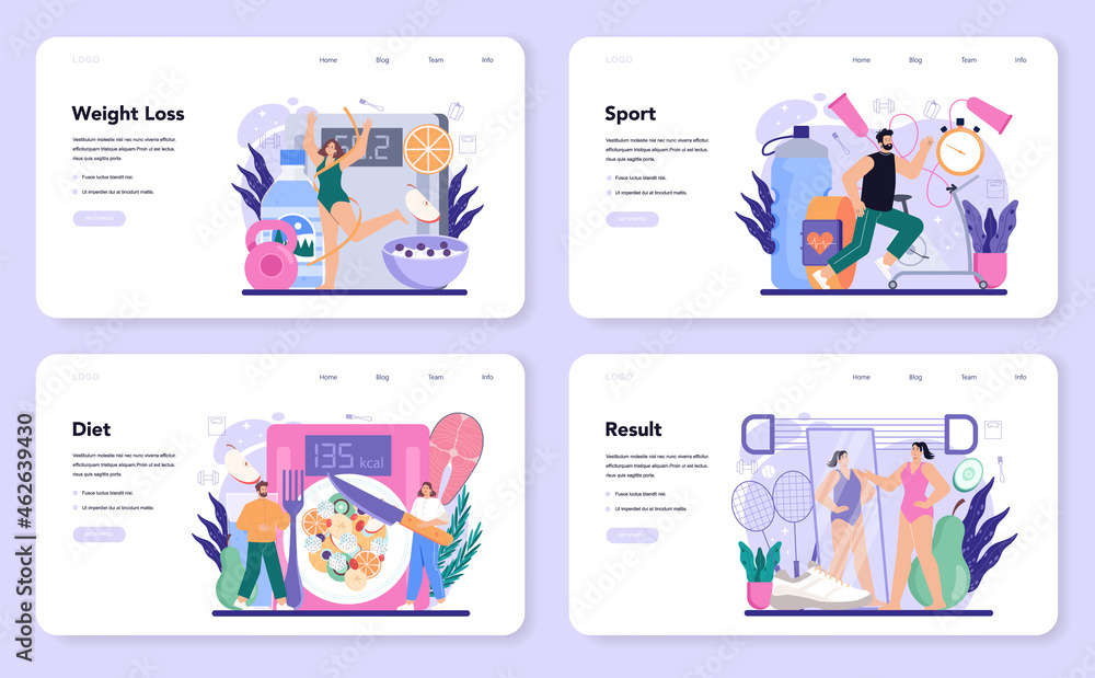 Slimming process web banner or landing page set. Person losing Slimming process web banner or landing page set. Person losing