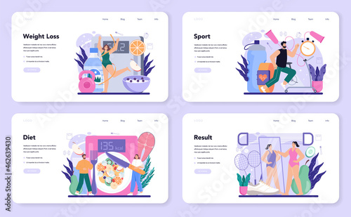 Slimming process web banner or landing page set. Person losing