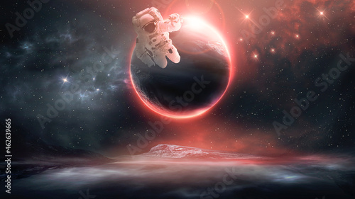 Fototapeta Naklejka Na Ścianę i Meble -  Sci-fi abstract background with flying astronaut. Abstract fantastic space of the Universe. Space background with nebula and stars. Elements of this image furnished by NASA. 3d illustration 