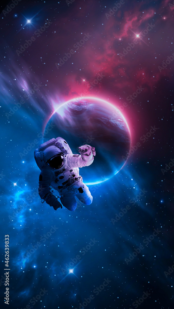 Sci-fi abstract background with flying astronaut. Abstract fantastic space of the Universe. Space background with nebula and stars. Elements of this image furnished by NASA. 3d illustration 