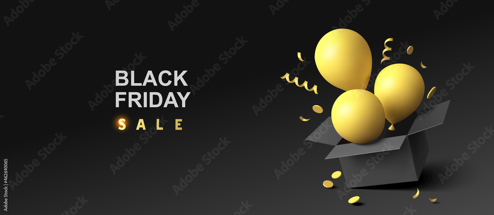 Black friday sale design template. Open black gift box  with yellow flying balloon, yellow swirl long ribbons and confetti. Vector illustration	 - obrazy, fototapety, plakaty 