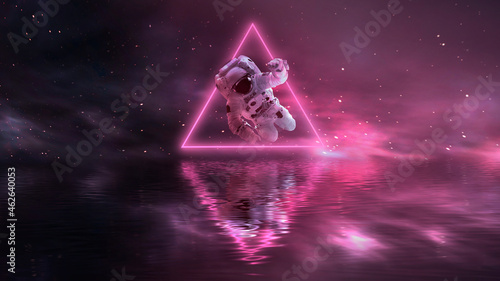 Fototapeta Naklejka Na Ścianę i Meble -  Futuristic space sci-fi abstract background with flying astronaut. Neon abstract space background with nebula and stars. Elements of this image furnished by NASA. 3D illustration.