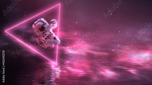 Fototapeta Naklejka Na Ścianę i Meble -  Futuristic space sci-fi abstract background with flying astronaut. Neon abstract space background with nebula and stars. Elements of this image furnished by NASA. 3D illustration.