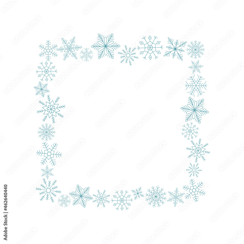 Square frame of blue snowflakes. Line art. Ice crystal winter symbol. Template for winter design. 
