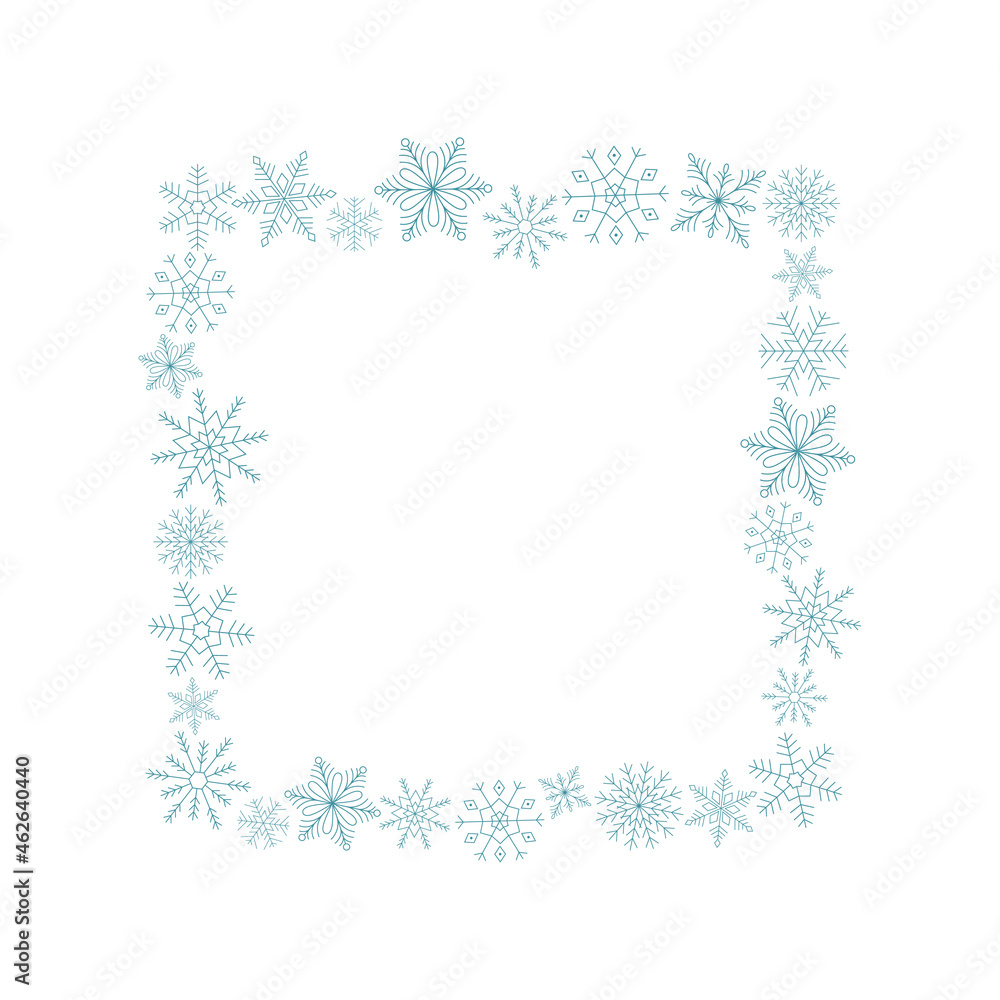 Square frame of blue snowflakes. Line art. Ice crystal winter symbol. Template for winter design. Square frame of blue snowflakes. Line art. Ice crystal winter symbol. Template for winter design.