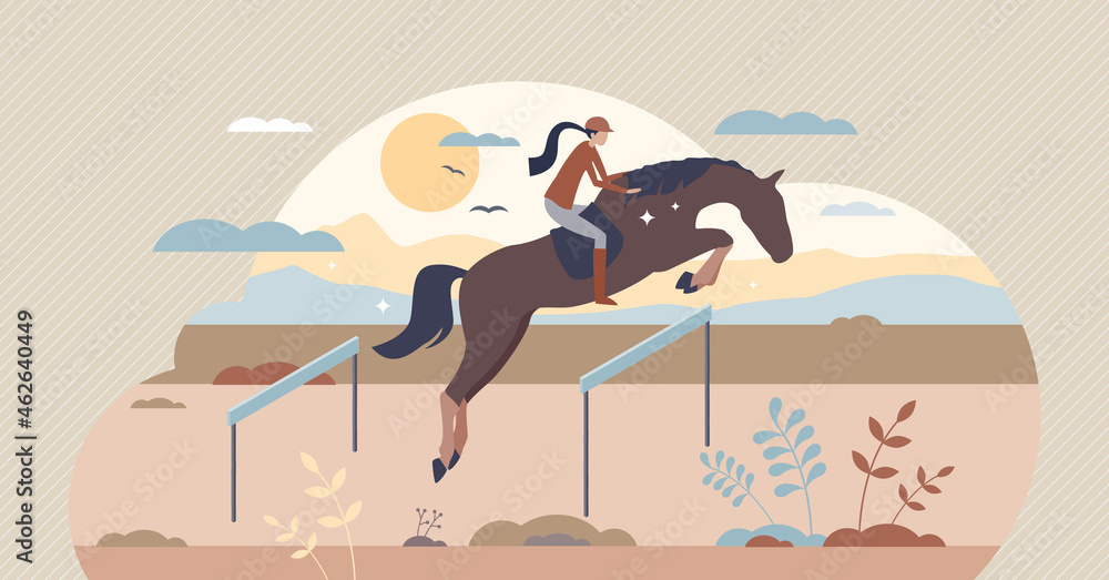 Equestrian horse back riding female, tiny person vector illustration. Competition sports championship. Active lifestyle scene with fit woman training for victory as success and freedom metaphor. - obrazy, fototapety, plakaty 