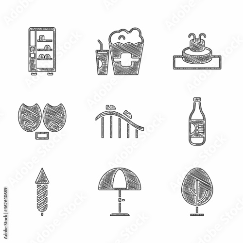 Set Roller coaster, Sun protective umbrella, Tree, Bottle of water, Firework rocket, Comedy and tragedy masks, Fountain and Vending machine icon. Vector