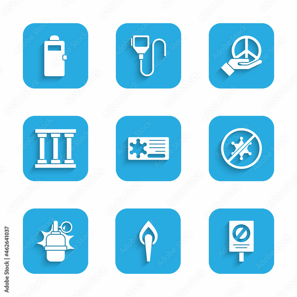 Set Police badge, Torch flame, Protest, Hand grenade, Prison window, Peace and assault shield icon. Vector Set Police badge, Torch flame, Protest, Hand grenade, Prison window, Peace and assault shield icon. Vector