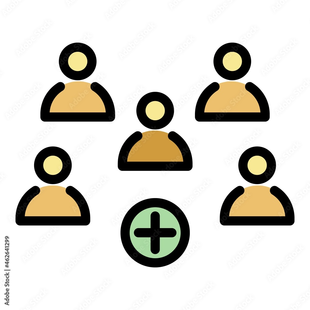 Five persons and a plus sign icon. Outline five persons and a plus sign vector icon color flat isolated Five persons and a plus sign icon. Outline five persons and a plus sign vector icon color flat isolated