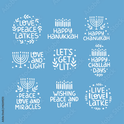 Hanukkah vector celebration typography. Traditional jewish holiday phrases collection. Love, light, latkes quote. Chanukah wishes isolated on blue. Handwritten Hanuka festive lettering