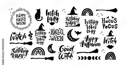 Halloween black silhouettes collection. Vector illustration isolated on white background. Holiday quote, witch hat, broom, cat. For poster, greeting card, sticker. 31 October design.