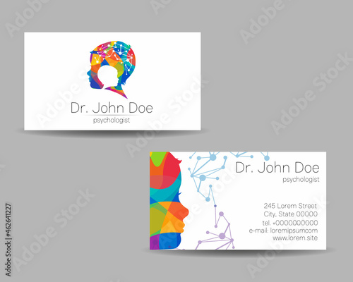 Vector Colorful Business Card Kid Head Modern logo Creative style. Human Child Profile Silhouette Design concept for Company Brand. Rainbow color isolated on gray background