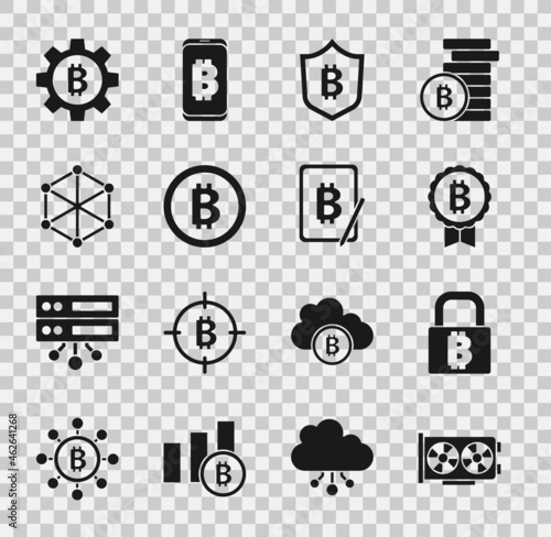 Set Video graphic card, Lock with bitcoin, Bitcoin, Shield, Blockchain technology, Cryptocurrency and Mining from tablet icon. Vector