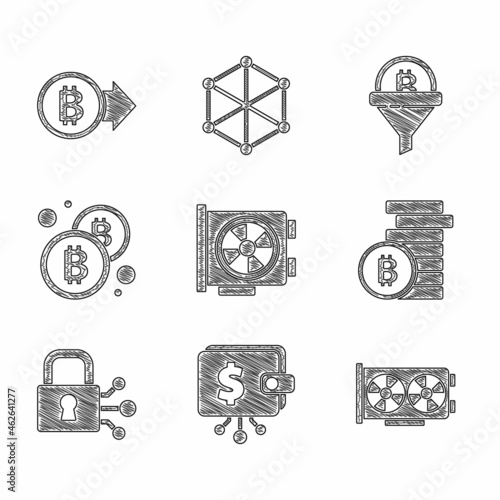 Set Video graphic card, Cryptocurrency wallet, Bitcoin, Lock with bitcoin, Sales funnel and icon. Vector