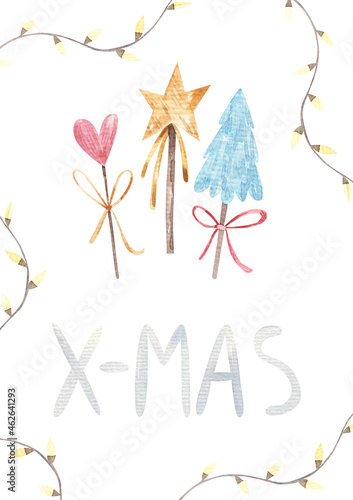 decor New Years, Christmas decorative trees and stars, hearts, cute children's illustration in watercolor