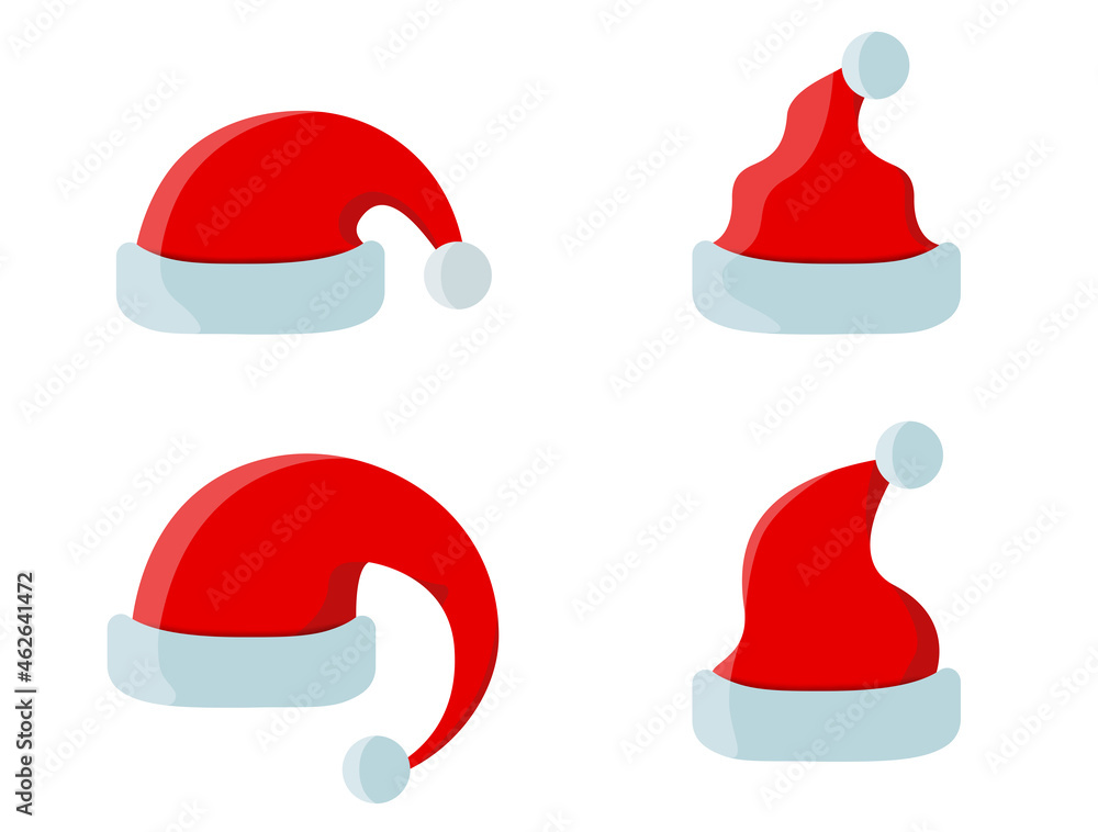 Set of red santa hat collection vector illustration. Christmas business icon collection to use in christmas sale label, sticker, web decoration, advertising designs. Red hat set on white background. Set of red santa hat collection vector illustration. Christmas business icon collection to use in christmas sale label, sticker, web decoration, advertising designs. Red hat set on white background.