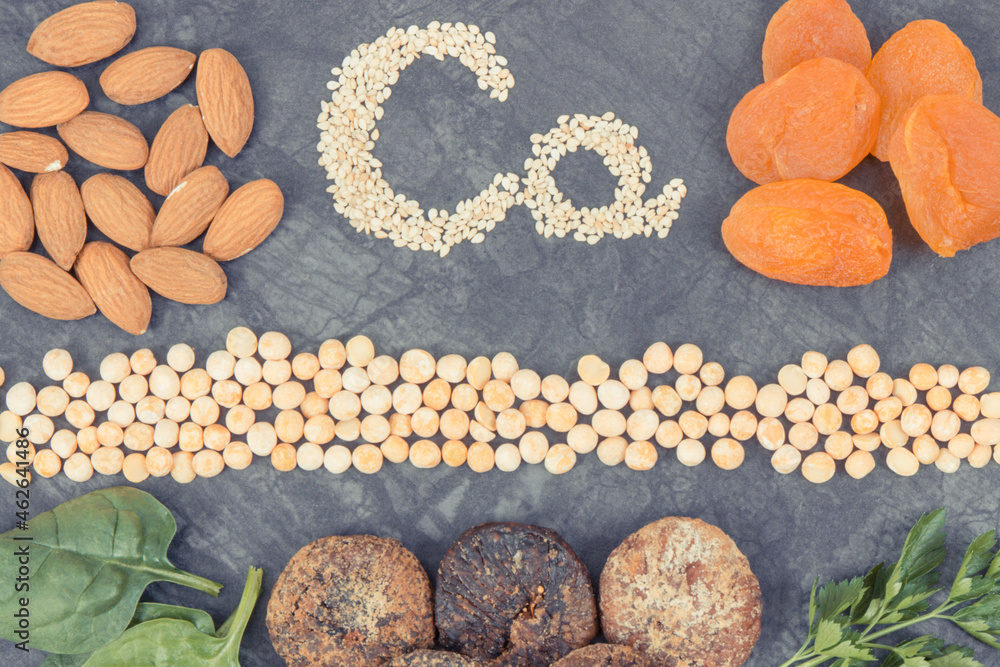 Different ingredients as source calcium, minerals and fiber. Healthy lifestyle and nutrition concept Different ingredients as source calcium, minerals and fiber. Healthy lifestyle and nutrition concept