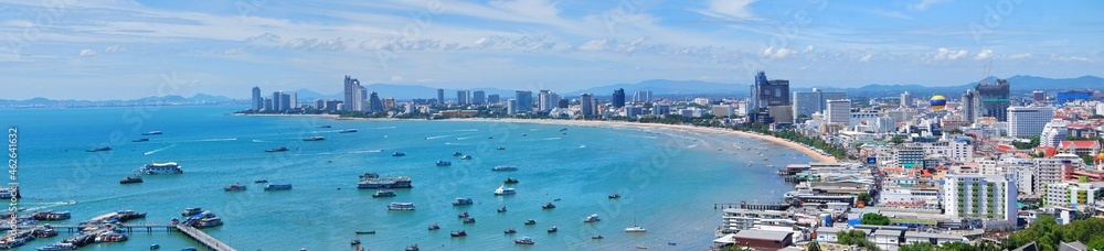 Panoramic view of the building cityscape, seascape and skyscrape in daytime in Pattaya, Thailand.
