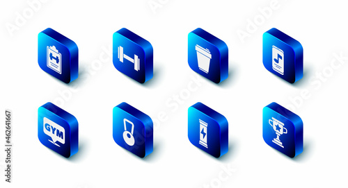 Set Dumbbell, Fitness shaker, Music player, Award cup, Sports nutrition, Kettlebell, Location gym and training program icon. Vector