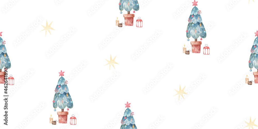 seamless new year and christmas pattern with fir trees, cute watercolor childrens illustration