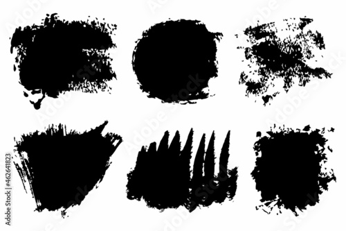 Set Brush Shape Vector Strokes in Black color on white background. Hand painted grange elements. Ink drawing. Dirty artistic design . Place for text  quote  information  company name.