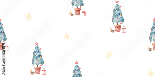 seamless new year and christmas pattern with fir trees, cute watercolor childrens illustration