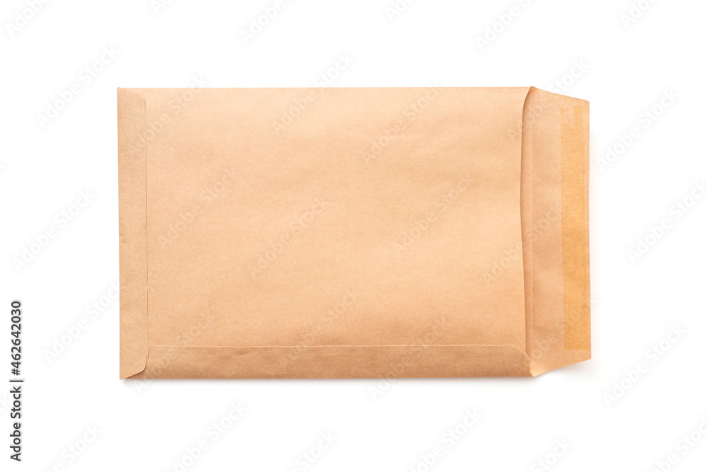 Opened brown paper envelope, A4 envelope isolated on white, top view Opened brown paper envelope, A4 envelope isolated on white, top view