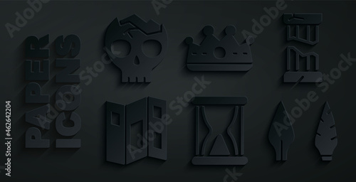 Set Old hourglass with sand, Broken ancient column, Museum guide brochure, Stone age arrow head, King crown and human skull icon. Vector