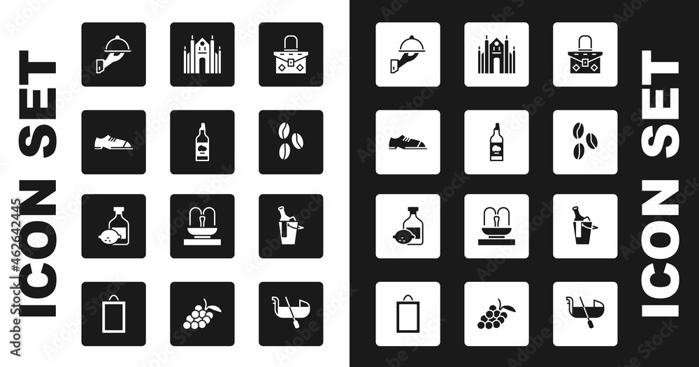 Set Handbag, Bottle of olive oil, Men shoes, Covered with tray food, Coffee beans, Milan Cathedral, wine in bucket and Limoncello bottle icon. Vector Set Handbag, Bottle of olive oil, Men shoes, Covered with tray food, Coffee beans, Milan Cathedral, wine in bucket and Limoncello bottle icon. Vector