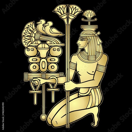 Animation color  portrait: sitting  Egyptian God Hapi presents river gifts. God of fertility, of water, of  Nile River. Vector illustration isolated on a black background. Imitation of gold.