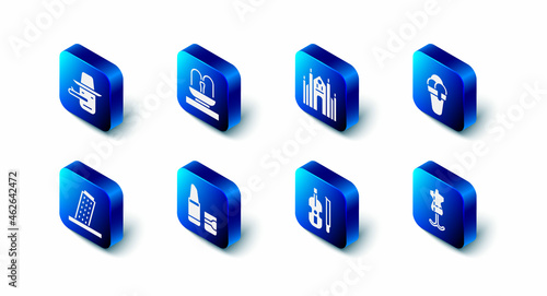 Set Fountain, Milan Cathedral, Ice cream, Mannequin, Violin, Lipstick, Tower Pisa and Pinocchio icon. Vector