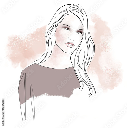 beauty illustration of a womans face, sketch with skin tone colors and dynamic drawing lines, set icon (ID: 462642808)