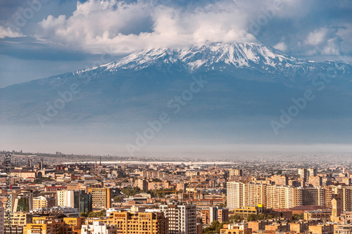 Spectacular telephoto zoom view of the city of Yerevan and Mount Ararat. The concept of real estate and construction investment in Armenia.