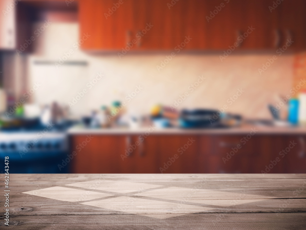 Empty table top on kitchen background for product presentation Empty table top on kitchen background for product presentation
