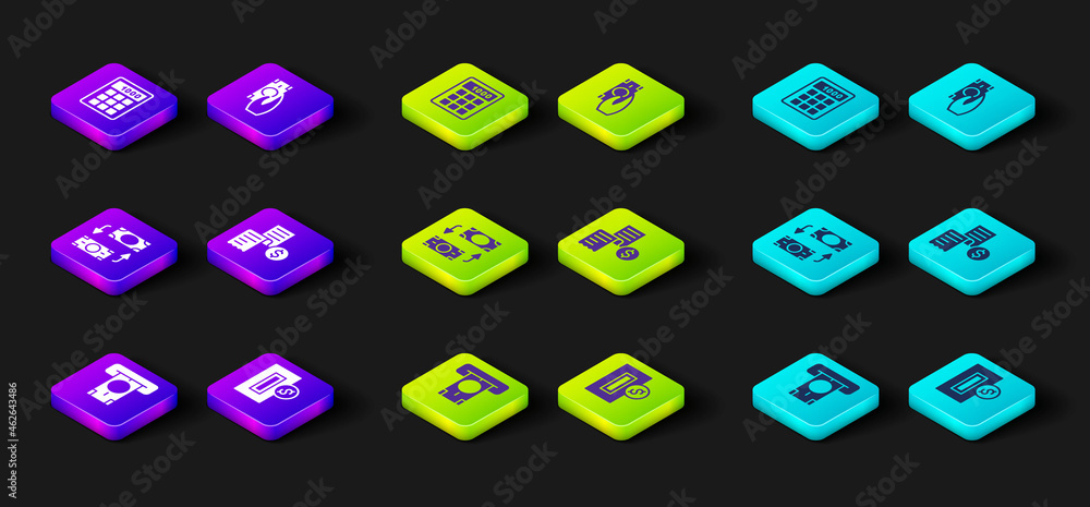Set ATM and money, Inserting coin, Money exchange, Paper or financial check, Fast payments and Calculator icon. Vector Set ATM and money, Inserting coin, Money exchange, Paper or financial check, Fast payments and Calculator icon. Vector