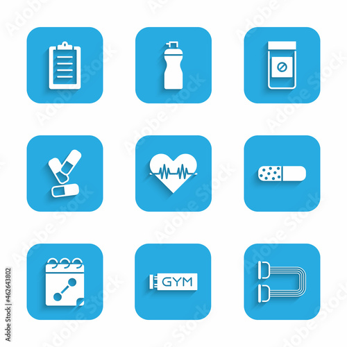 Set Heart rate, Location gym, Chest expander, Vitamin pill, Calendar fitness, Anabolic drugs and Sport training program icon. Vector