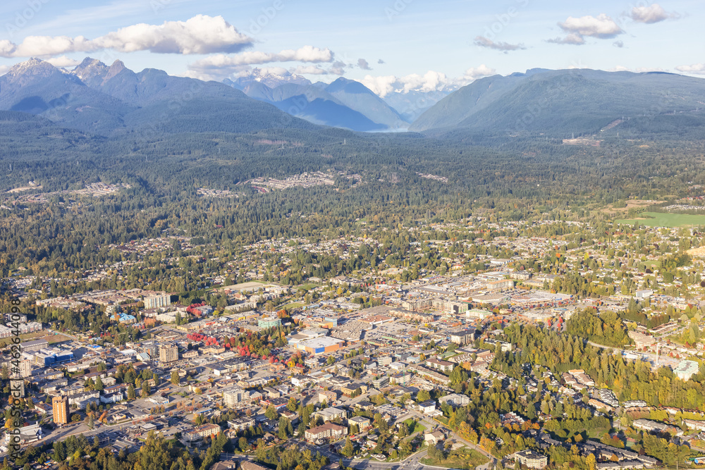 Maple Ridge City in Greater Vancouver, British Columbia, Canada. Aerial View from Airplane. Sunny Fall Season.