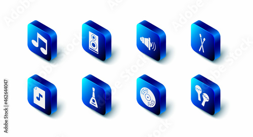 Set Stereo speaker, Speaker volume, Drum sticks, Maracas, Vinyl disk, Balalaika, Music book with note and note, tone icon. Vector