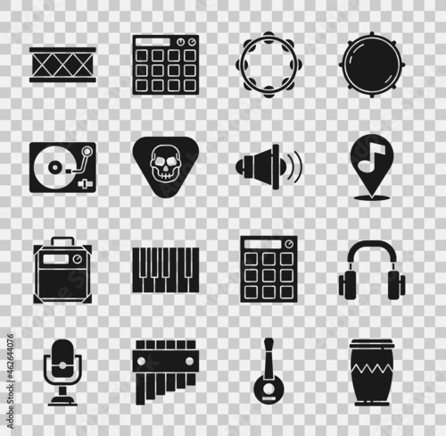 Set Drum, Headphones, Location musical note, Tambourine, Guitar pick, Vinyl player with vinyl disk, and Speaker volume icon. Vector