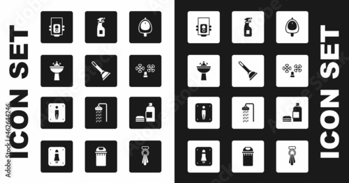 Set Toilet urinal or pissoir, Rubber plunger, Washbasin with water tap, Gas boiler, Water, Cleaning spray bottle, Bottle of shampoo and Male toilet icon. Vector