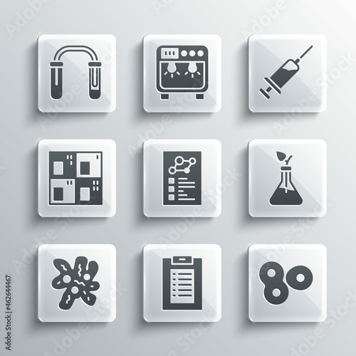 Set Clinical record, Cell division, Plant breeding, Periodic table, Test tube and flask and Syringe icon. Vector